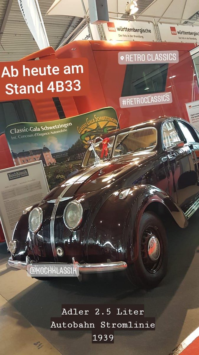- ADLER 2.5 LITER AM STAND 4B33 -
Ab heute stehen wir für Sie am Stand 4B33 in Halle 4 der #Retroclassics für das ein oder andere Benzingespräch bereit.
Mit dabei ist ein seltener Adler 2.5 Liter Autobahn Stromlinie, 1939 von unserem Freunden von Koch Klassik.
