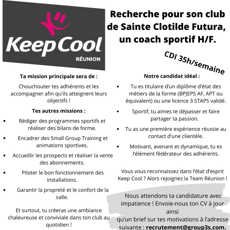 Aprun Formation Offre D Emploi Un De Nos Partenaires Keep Cool Reunion Recrute Un Coach Sportif H F Toutes Les Infos Ici
