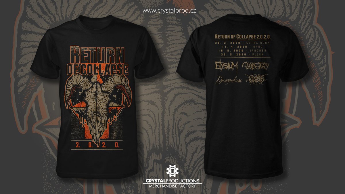 CrystalPress's tweet image. T-shirts for bands Elysium, Feeble Minded, Dysangelium and Phylactery for the upcoming Return Of Collapse 2020 tour. Here you can see how you can make a really nice shirt on 2 colors. Below is also an example of a PUFF printing effect.
#merchandise #tshirts  #tourshirt