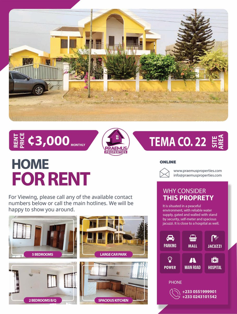 praemusgh's tweet photo. An Executive Five Bedroom House, with washroom B/Q For rent at Tema Community 22.
#Location: Tema Comm 22
#Status Rent (3,000 Cedis/Per Month)
Two Bedroom B/Q | Two Big Halls | Security Post | Garage
For viewing, please call 0276947759/0551999901
#praemusproperties #realestate https://t.co/bYK5vAalLy