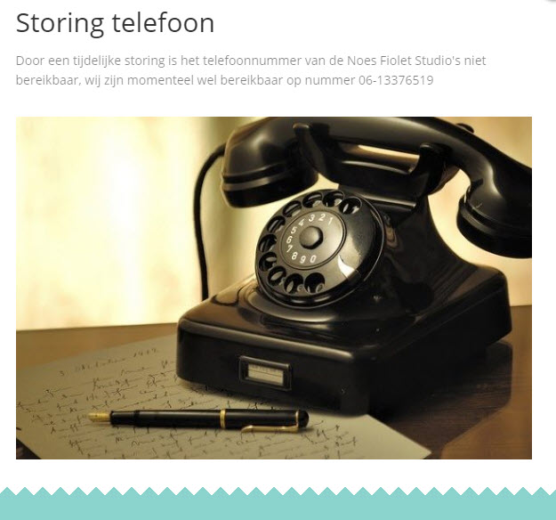 Door een storing is het telefoonnummer van de Noes Fiolet Studio's niet bereikbaar, wij zijn momenteel wel bereikbaar op nummer 06-13376519
