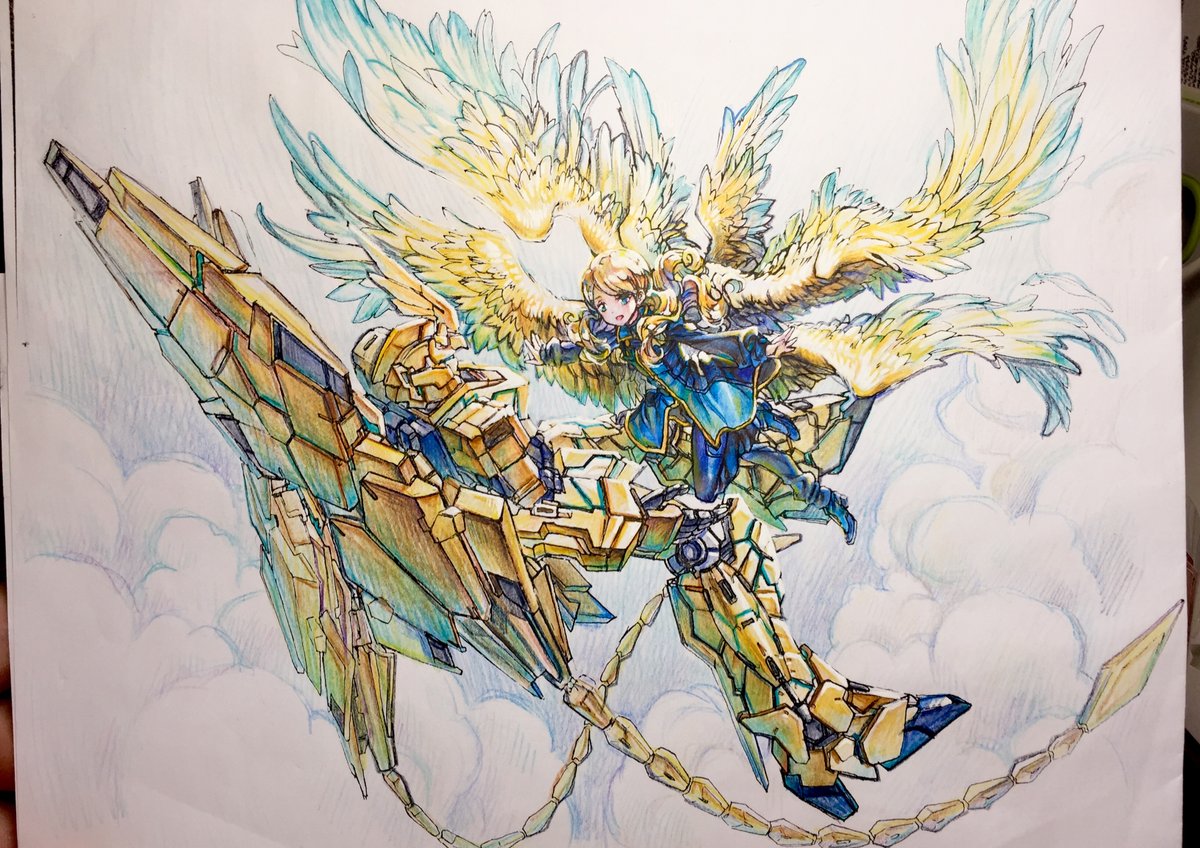 wings mecha robot flying traditional media mechanical wings blonde hair  illustration images