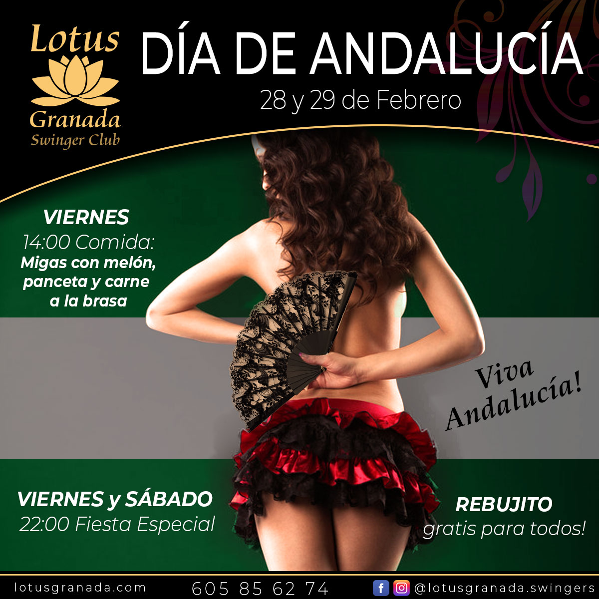 gentelibre_sw's tweet photo. DÍA DE ANDALUCÍA! en Lotus Granada Swinger Club
Viernes 28 y Sábado 29 de Febrero

+info: https://t.co/hAStPZX3HL

#LotusGranada #ClubSwinger #SwingersGranada #parejasliberales #DiscotecaLiberal #SwingersAndalucia #FiestaSwingers #GenteLibreSW #diadeandalucia https://t.co/TA2gc8W0AX