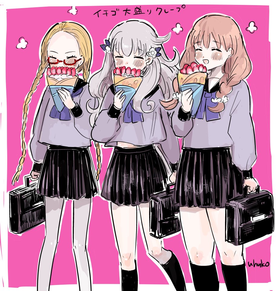 3girls multiple girls food closed eyes skirt twin braids school uniform  illustration images