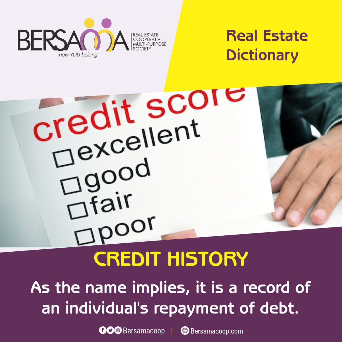 bersamacoop's tweet photo. Credit histories are reviewed my mortgage lenders as one of the underwriting criteria in determining credit risk.

#realestateterms #realestatedictionary #realestateterms #credithistory #dictionary #bersama #mortgage #creditrisk #realestateinvestors https://t.co/KOpJl2T9pN