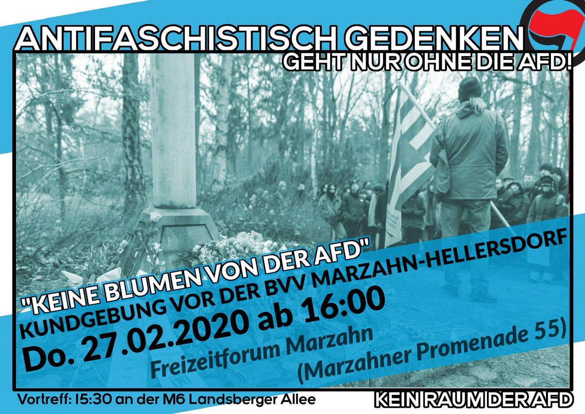 ❌HEUTE❌

Antifaschistisch #Gedenken geht nur ohne die #AFD!
Wir fordern die Aufarbeitung der entwürdigenden Geschehnisse in #Marzahn und die Ausladung der AFD!

Heute ab 16:00 Uhr vor der BVV
Marzahner Promenade 55

Vortreff: 15:30 Uhr Landsberger Allee M6

#noAFD #B2702 #B2501