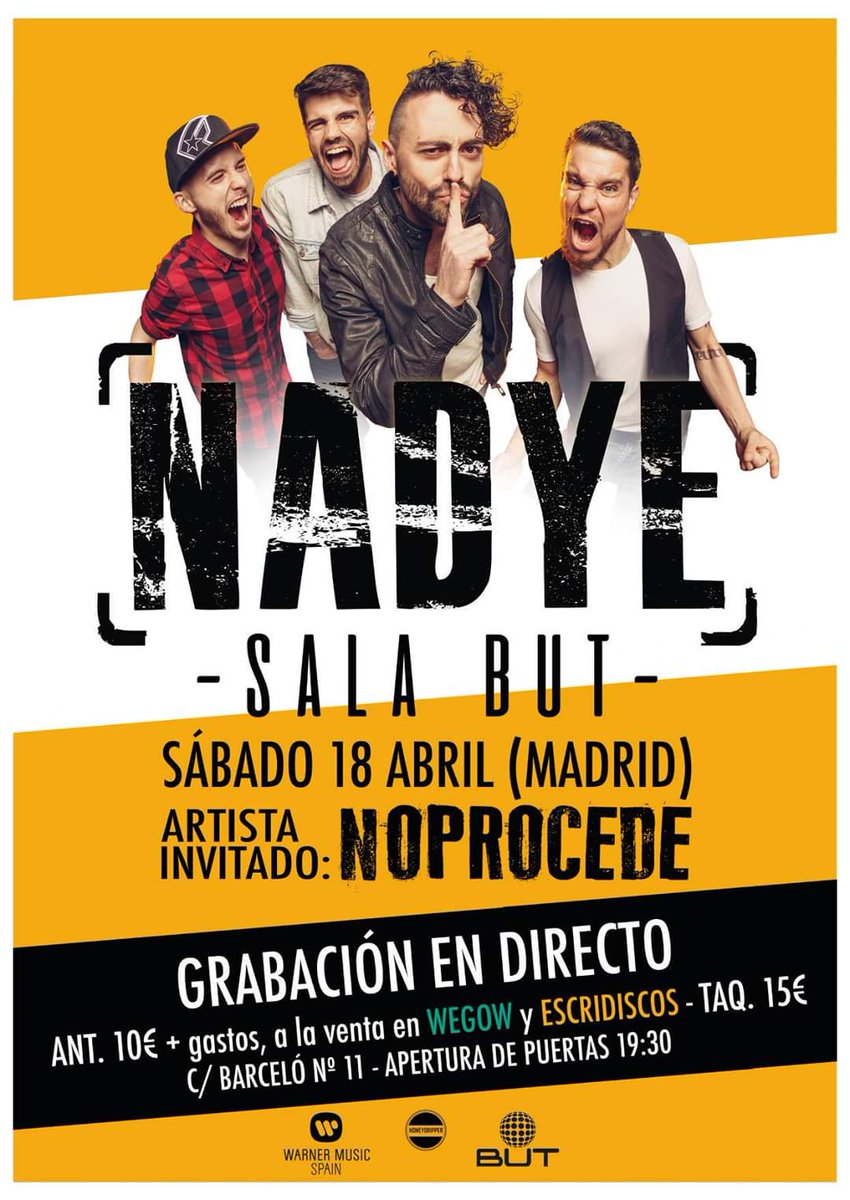 Nadyerock's tweet photo. ⚠️ÚNICA FECHA EN #MADRID⚠️
Os esperamos el sábado 18 de abril en la @sala_but junto a nuestros hermanos @losnoprocede 🔥

🎫 Entradas ya disponibles en @wegowes
🎟 Entradas físicas en @Escridiscos

@warnermusicspain
@allsoundspromo
@honeydripper_61 https://t.co/WHcopI6iOH