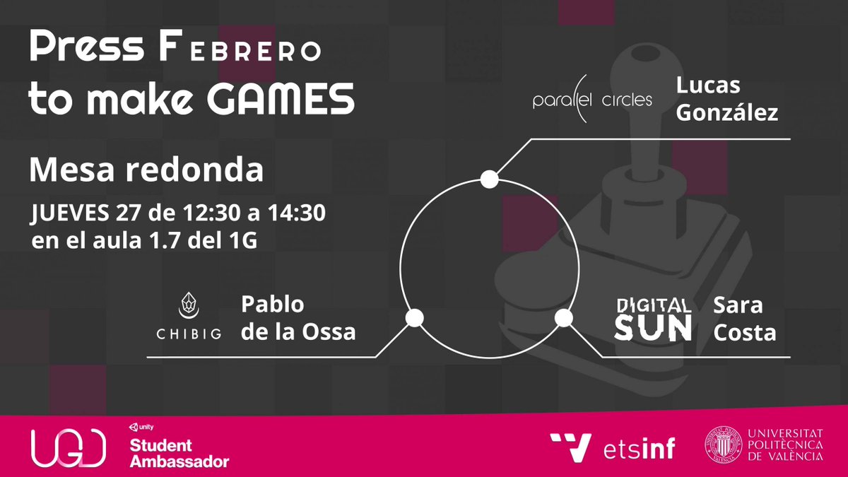 UniversityDevs's tweet photo. ¡Buenos días! Hoy terminamos las actividades del mes de febrero con una interesantísima mesa redonda con desarrolladores, donde tres profesionales nos darán su punto de vista sobre la industria, ¡os esperamos! #UPVGameDev 

🕚 12:30 - 14:30 
📍 Aula 1.7, Edificio 1G, @etsinfupv https://t.co/NB6ihVJAdt