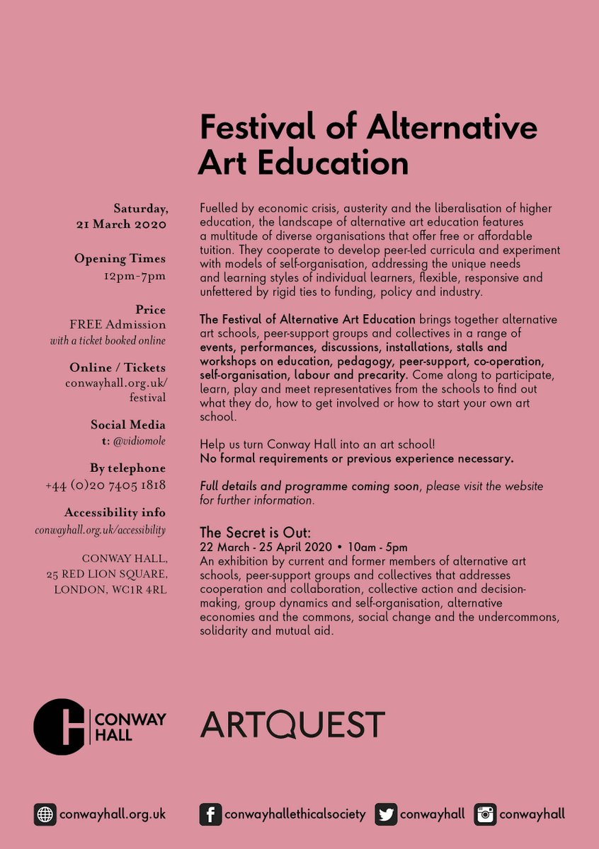 vidiomole's tweet image. #Festival of #Alternative #Art #Education 2020 Sat, 21 March from 12pm Come along and help us turn @ConwayHall into an #artschool + The Secret is Out: #exhibition + Urgh! #1 #zine on #altarted Please book: conwayhall.org.uk/festival More info: videomole.tv/festival @ARTQUESTLONDON