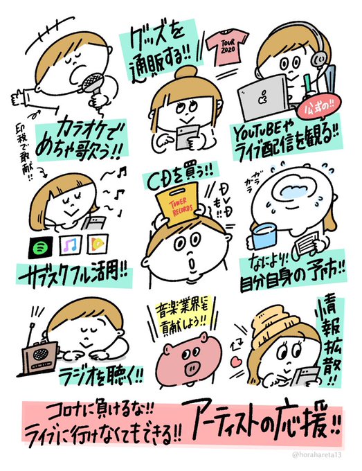 コロナで次々イベント中止になってる今、少しでもアーティストの貢献に繋がればと思って描きました!当たり前のことばっかりですが、知らなかったって人に届きますように! 
