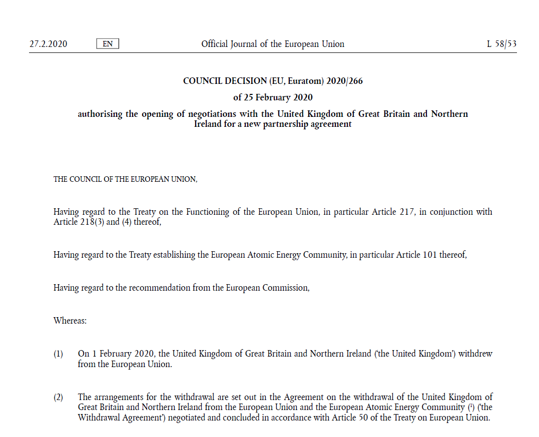 MaFrischhut's tweet photo. #InTodaysOJ on @EURLex, @EUCouncil decision authorising the opening of negotiations with the #UnitedKingdom for a new partnership agreement
#Brexit #FutureRelations #MichelBarnier
▶️ https://t.co/qLoUmZMjUu
@StevePeers https://t.co/4Q2hngkSpX