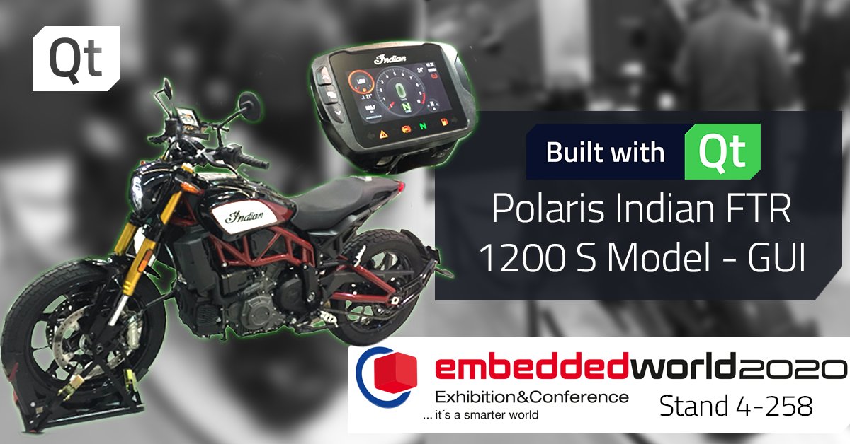 qtproject's tweet image. The #Polaris Indian FTR 1200 S #motorbike comes with a 4.3 inch Ride Command LCD display #BuiltWithQt. Controlled by both handlebar-mounted &amp;amp; touch inputs, it offers riders unprecedented ride info and control. Proudly presented at Stand 4-258 #EmbeddedWorld (#EW20).