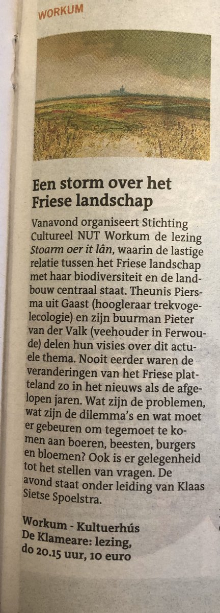 Vanavond is de lezing ‘Stoarm oer it lân’  onder leiding van Ida Hylkema. Er zijn vanavond nog kaarten bij de kassa te verkrijgen. Aanvang 20.15 uur