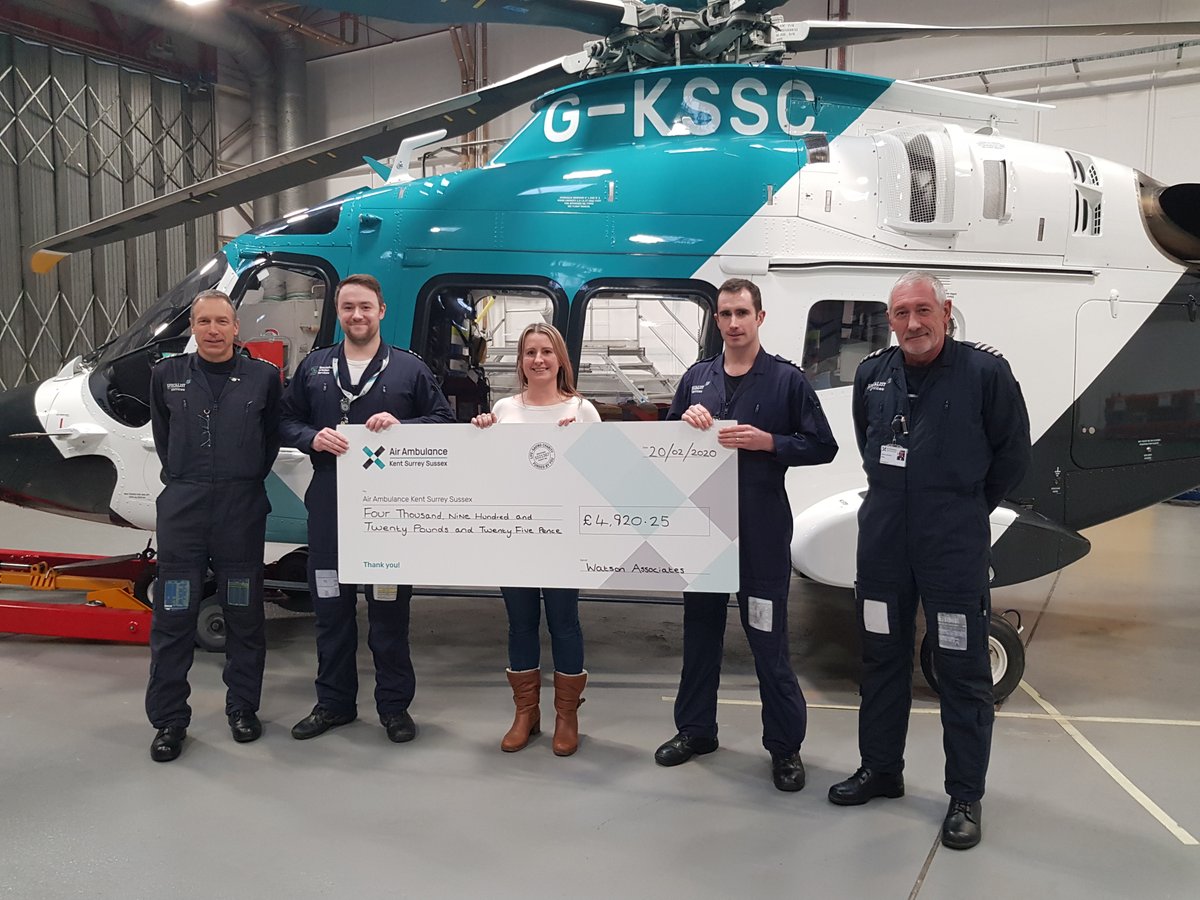 Director here at Watsons, <a href="/suzievine/">Suzie Vine</a>, recently visited <a href="/airambulancekss/">Air Ambulance Charity Kent Surrey Sussex</a> (our 2019 charity of the year) at their Redhill base for a tour. She was lucky enough to meet the four pilots and viewed the helicopters before presenting the cheque.