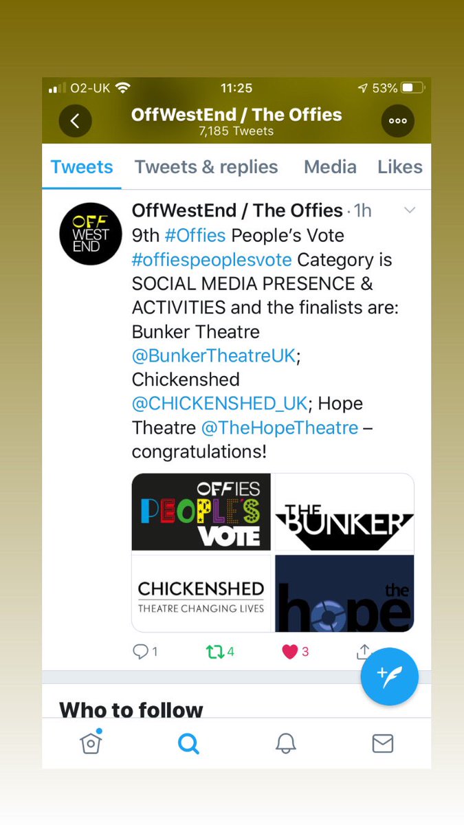 How exciting <a href="/CHICKENSHED_UK/">CHICKENSHED</a> is a finalist for an AMAZING five <a href="/OffWestEndCom/">OffWestEnd | The Offies</a> #offiepeoplesvote categories -  Social Media and Activities,0nline Info and Booking, Most Welcoming, Most  Comfortable, Best Programmes. This is fantastic - thank you voters and thank you #Offies!