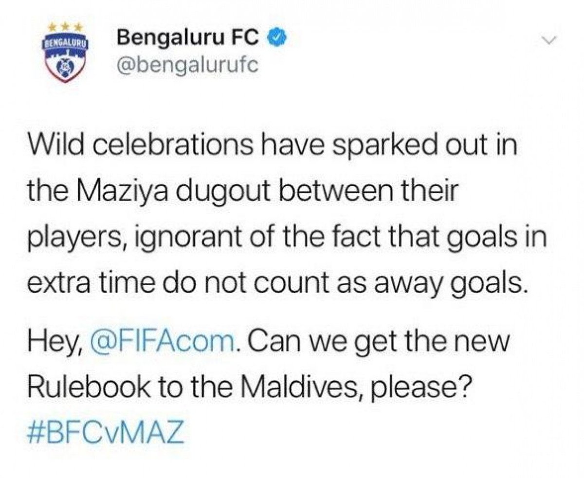 muazhalym's tweet photo. Dear @FIFAcom : Can you please tell @bengalurufc that they were the losers big time? #BFCvMAZ . Congratulations @MaziyaSr for letting @bengalurufc know that this is not cricket 🏏🤭🤭🤭🤭 https://t.co/MhtWaLUg8V