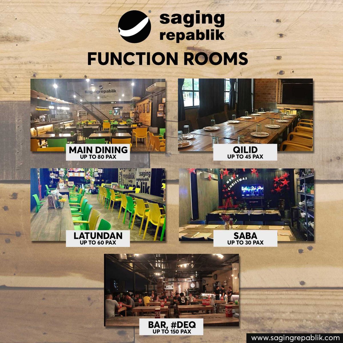 sagingrepablik's tweet photo. Are you looking for a place to hold your Birthday Party, Wedding, Corporate Event, Simple Gathering, or any size of Business MEETING? Saging Repablik has the facilities for you! 

Check out our Function Rooms.

🍌 SABA
🍌  QILID
🍌 LATUNDAN 
🍌 MAIN DINING
🍌  BAR https://t.co/Q13jv6ej4j