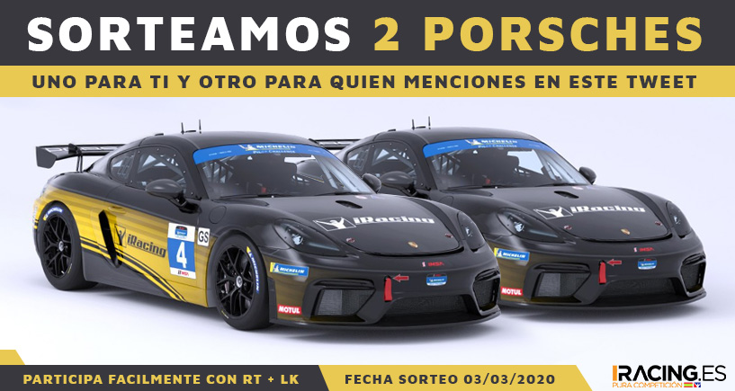 #SORTEO!!  🎁🔥🎁

- Sorteamos 2 Porsches 718 Cayman GT4 para #iRacing.

-- Uno para ti y otro para quien tu quieras, solo tienes que mencionarlo en las respuestas.

-- Participa con 🔃+❤️.

🍀 SUERTE!!