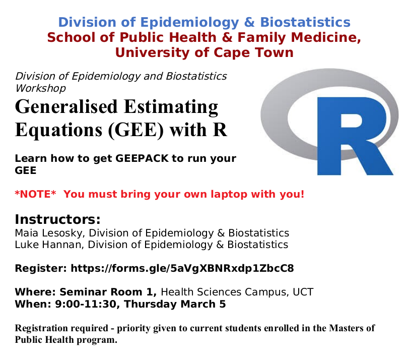EpiBiostats_UCT's tweet photo. Small GEE workshop running next week - bring your own device (because no lab space) - space limited so registration *required* https://t.co/Z8NDoY8X6C