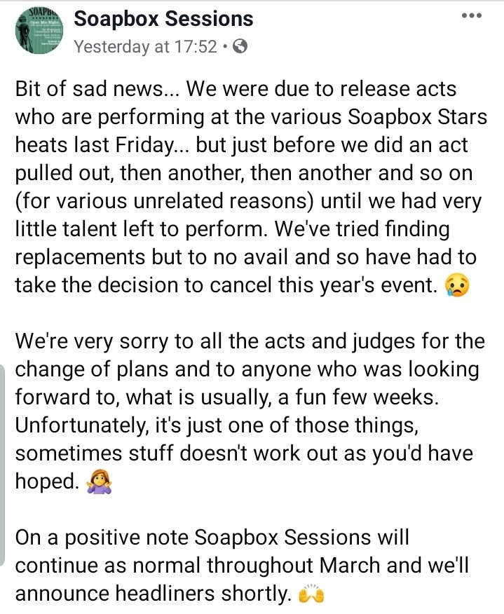 soapboxsesh's tweet image. 👎 Boooooooooo... A bit of bad news but Soapbox will carry on as normal this Sunday.