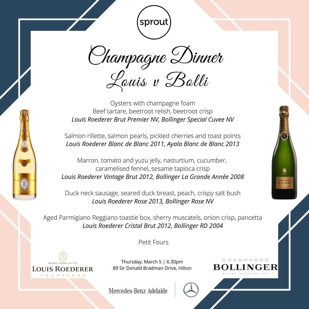 Wine LOVERS aka friends! 
We managed to get our hands on more @champagne_bollinger 2008 La Grand Annee, 2004 RD &amp; 2012 @louisroederer_ Cristal so we could release some extra tix to our Louis v Bolli dinner next week. FOUR tickets left.They won’t last!🥂 <a href="/sproutadl/">Sprout</a> <a href="/TysonStelzer/">Tyson Stelzer</a>
