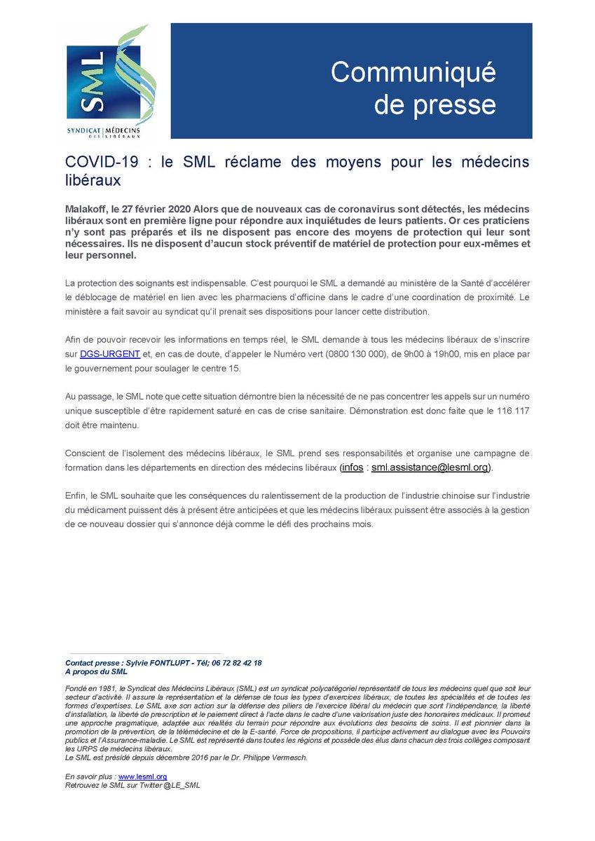 LE_SML's tweet photo. 🇫🇷 ALERTE | #Covid_19 : La protection des soignants est indispensable. @LE_SML a demandé au @MinSoliSante d’accélérer le déblocage de matériel
Retrouvez les recommandations du #SML 👇
https://t.co/GZlUaDvwEU https://t.co/1tpB9AuaFE