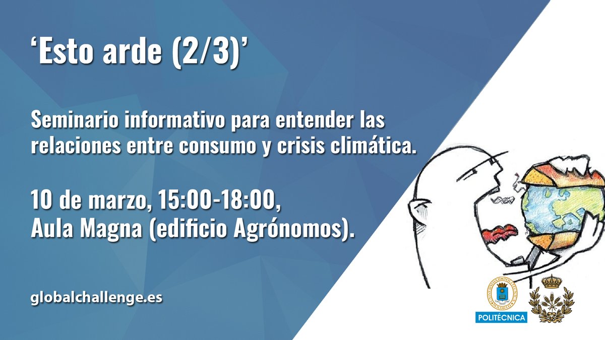 Desayunas, te vistes, vas a la Escuela, comes, sales... ¿Cómo influye tu consumo en el #CambioClimático? Averígualo el martes 10 de marzo (15:00- 18:00) en el Aula Magna de <a href="/etsiaab/">ETSIAAB / #AlimentaElFuturo</a> de la <a href="/La_UPM/">Universidad Politécnica de Madrid</a> con <a href="/prosalus/">คุณชื่ออะไร</a> ❤
Inscríbete forms.gle/nzbxvMgYo3CumG…
Más info globalchallenge.es/events/seminar…