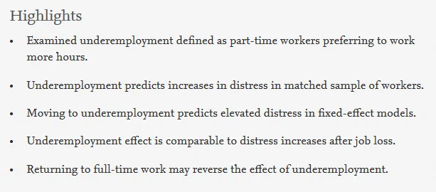 These findings highlight the possibility that underemployment among part-time workers may have detrimental psychological consequences. Policy interventions geared towards improving career opportunities for part-time workers would potentially ameliorate losses in psychological well-being experienced by this group.