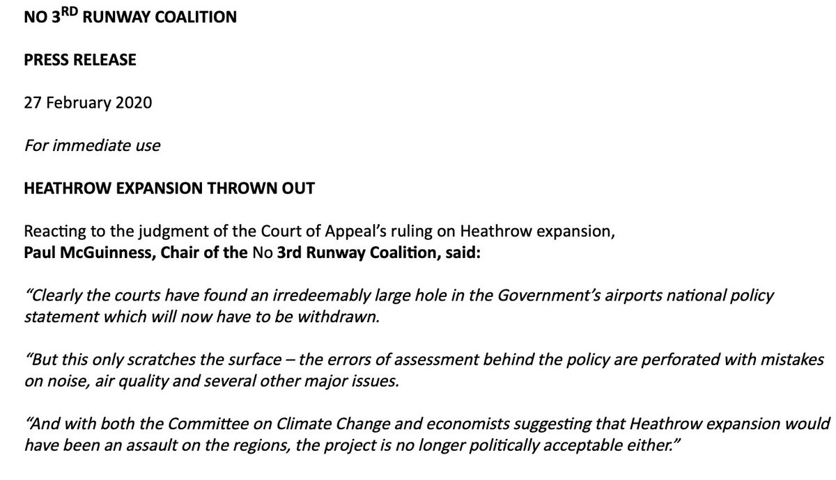 NoR3Coalition's tweet image. PRESS RELEASE: HEATHROW EXPANSION THROWN OUT BY COURT