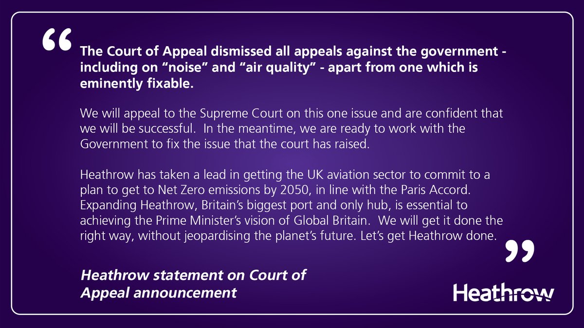 HeathrowNews's tweet image. .@HeathrowAirport Statement on Court of Appeal announcement.

"The Court of Appeal dismissed all appeals against the government - including on "noise" and "air quality" - apart from one which is eminently fixable."

Full statement:
