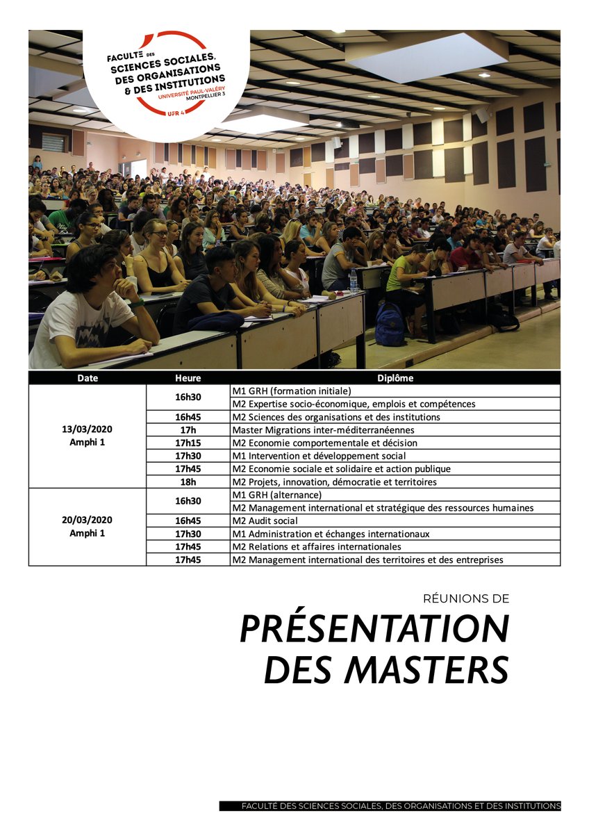 L'<a href="/ufr_4/">UFR 4 Université Paul-Valéry</a> de l'<a href="/univpaulvalery/">Université de Montpellier Paul-Valéry</a> organise les 13 et 20 mars 2020 des réunions de présentation de ses #Masters