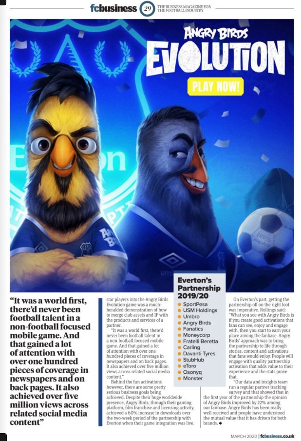 JoeLovelace13's tweet photo. Great piece in this month's @fcbusiness on how @everton have set the benchmark in Premier League sleeve sponsorship with the @AngryBirds partnership. 🔵🐦

 Page 28/29/30: ➡https://t.co/HgiGscC1mz https://t.co/bpAgxiRYmd