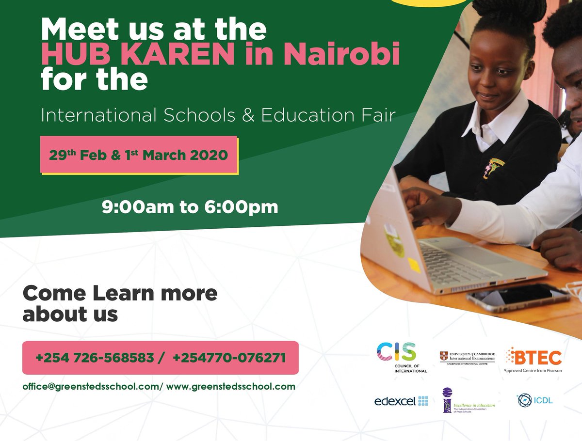 Come meet our team at the Hub in Karen, Nairobi for the International Schools Fair on Saturday, 29th February & Sunday, 1st March 2020 from 9am.

Get to learn more about @greenstedsnakuru 
#internationalschoolsfair #Greenstedsschool  #passionandpride