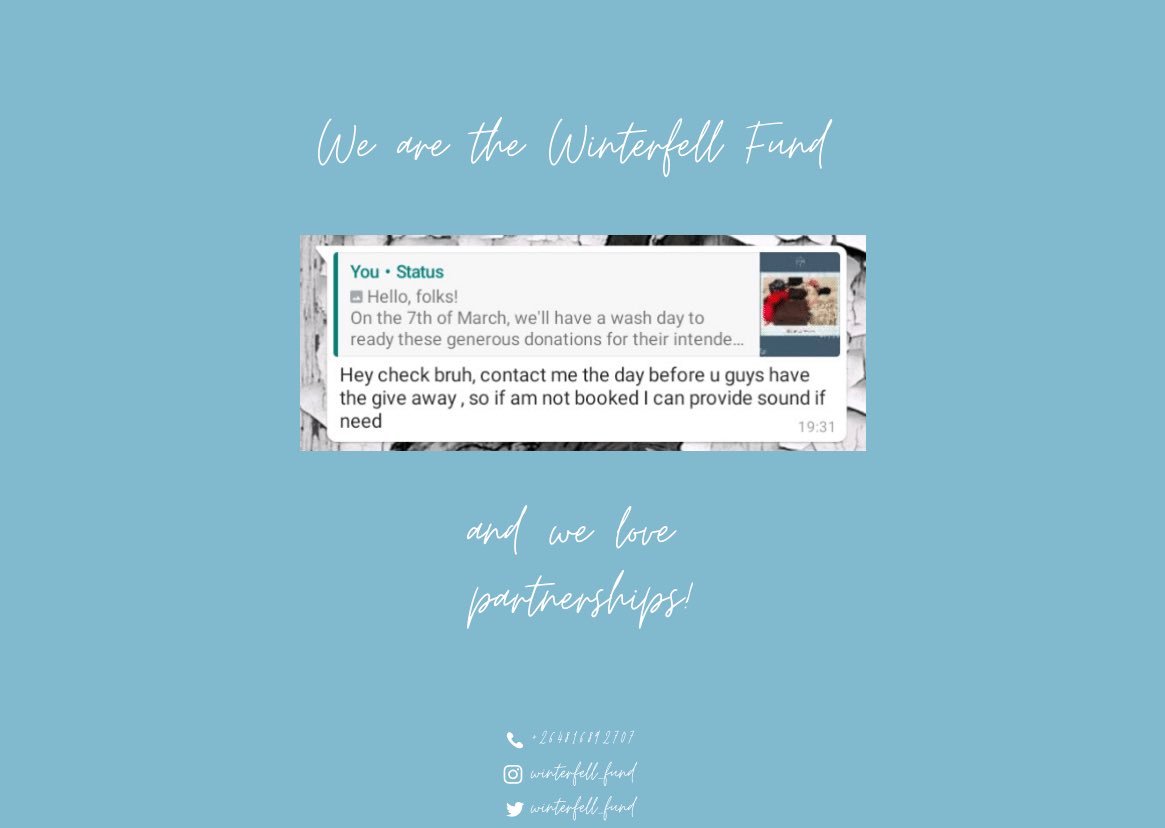 Winterfell_Fund's tweet photo. We got this exciting message last night and we would like to make it known that we welcome any partnership and/or sponsorship that will allow us to fulfill our mandate. 
DM us or contact +264816892707! 
#WinterIsComing https://t.co/R8ML7fdxeU