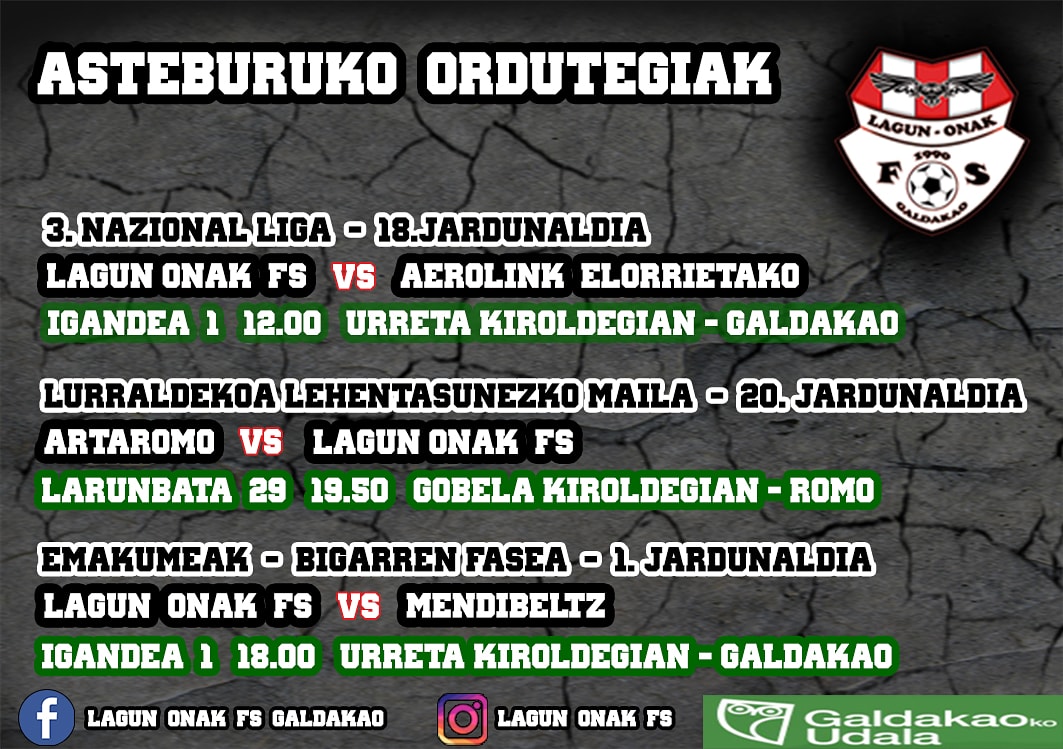 Asteburuko Ordutegiak 
#BatBiHiruLagun 
#30urteurrena 
#AretoFutbola 
#Galdakao