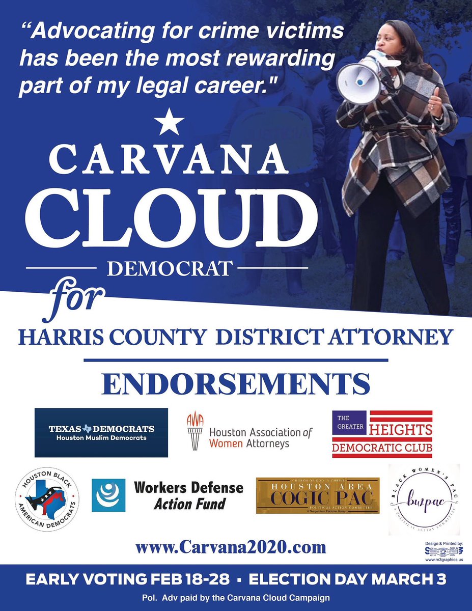 CarvanaforTexas's tweet photo. For the last 15 years I’ve been fighting for victims and those accused of crimes! Vote #CarvanaCloud for #HarrisCounty District Attorney so I can continue my work to ensure our justice system treats everyone with dignity & respect. #CountonCloud https://t.co/W9l2nyRbOr