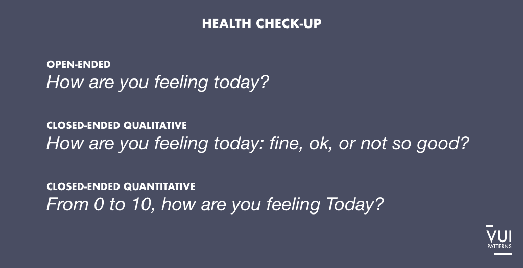 VUIpatterns's tweet photo. Pattern 5. Health Check-Up
🕵🏽‍♂️ I am currently testing 3 ways of requesting users about their health status.
1st. Open-ended question
2nd. Closed-ended qualitative question
3rd. Closed-ended quantitative question

2 polls this week! https://t.co/Z9i69KtYRf