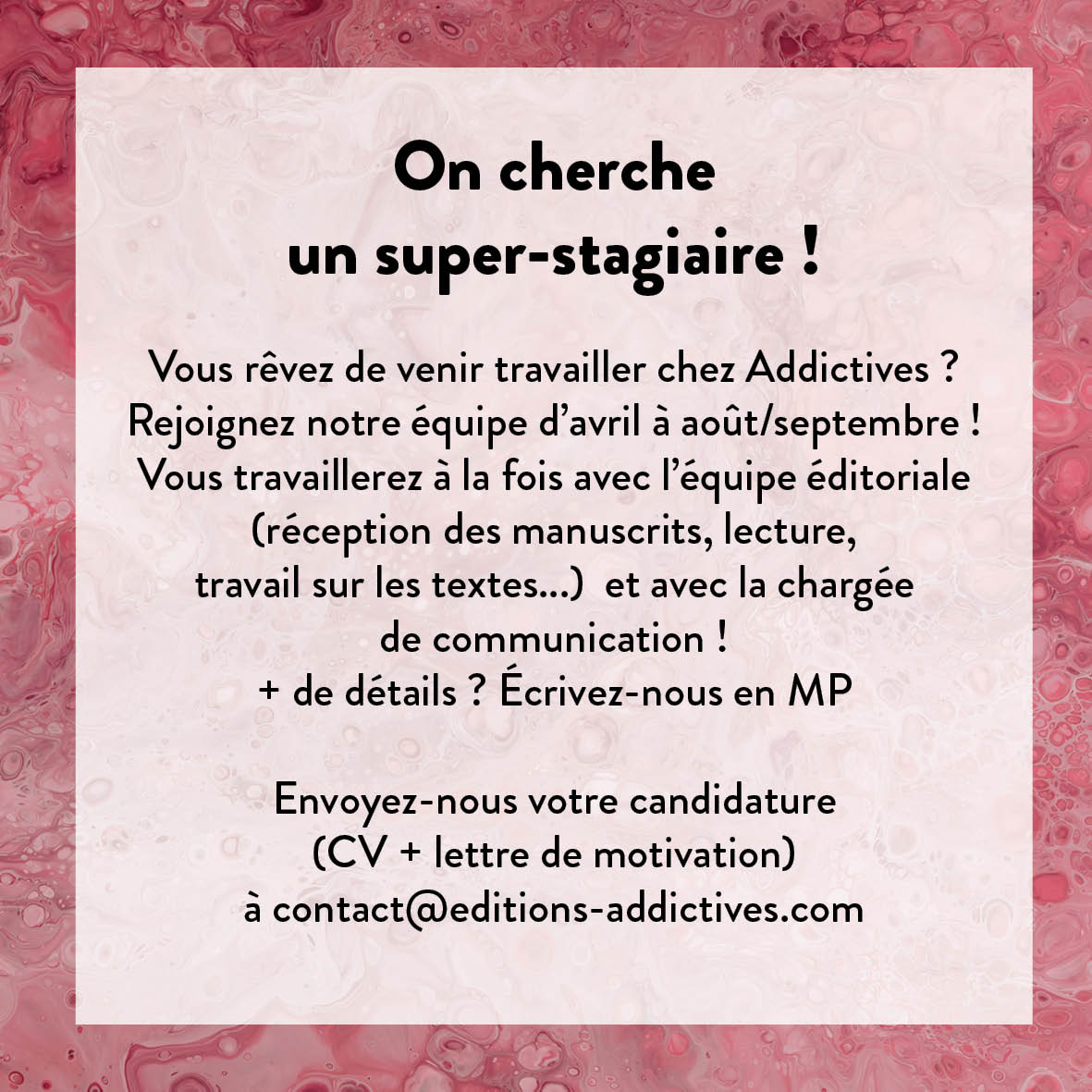 Les éditions Addictives cherchent un stagiaire en or ! Retweeter autant de fois que vous nous aimez ;) <3 #stage #éditionsaddictives #stageédition