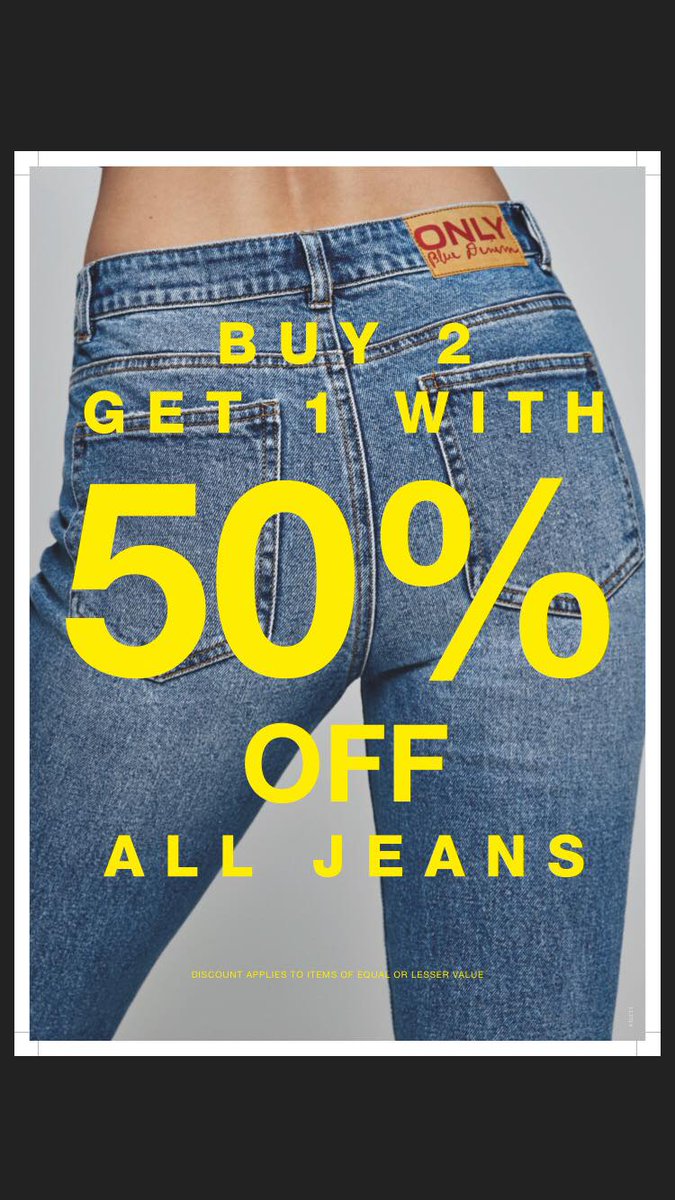 Don't miss out on this amazing offer...
Buy 2 Get 1 with 50% OFF all Jeans! Hurry and pop into ONLY before the offer ends on March 1st.

#shopkilkenny