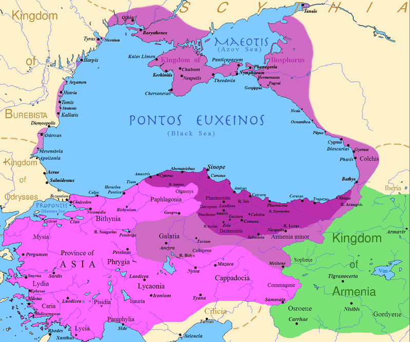 Map shows the Kingdom of Pontus at its height.The KOP was founded by the Mithridatic dynasty, of Persian origin. It was culturally Hellenistic but with a strong Iranian influence. Pontus was eventually defeated and integrated into the Roman Empire in 62 AD.