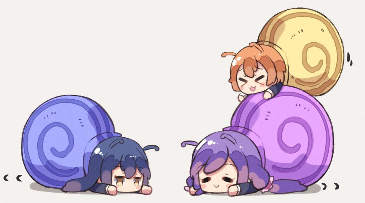 hoshizora rin ,toujou nozomi multiple girls 3girls snail purple hair orange hair long hair > <  illustration images