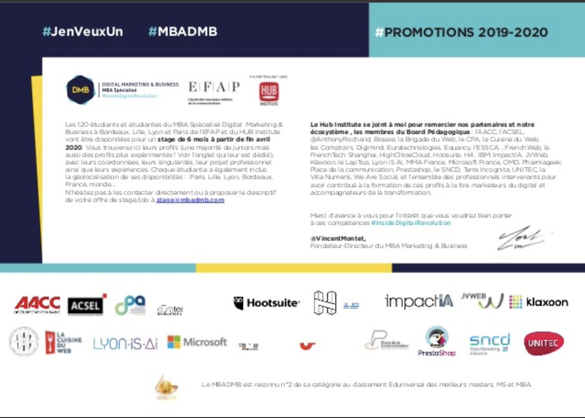 #JenVeuxUn #MBADMB #Stages #MarketingDigital #CV
Les #120étudiants  du @MBADMB #Bordeaux #Lille #Lyon #Paris vont être disponibles pour un stage de 6 mois à partir de fin avril 2020. Vous trouverez ici leurs profils à 👉👉Télécharger
slideshare.net/montetvincent/…
<a href="/EFAP_/">EFAP</a> <a href="/HUBInstitute/">HUB Institute</a>