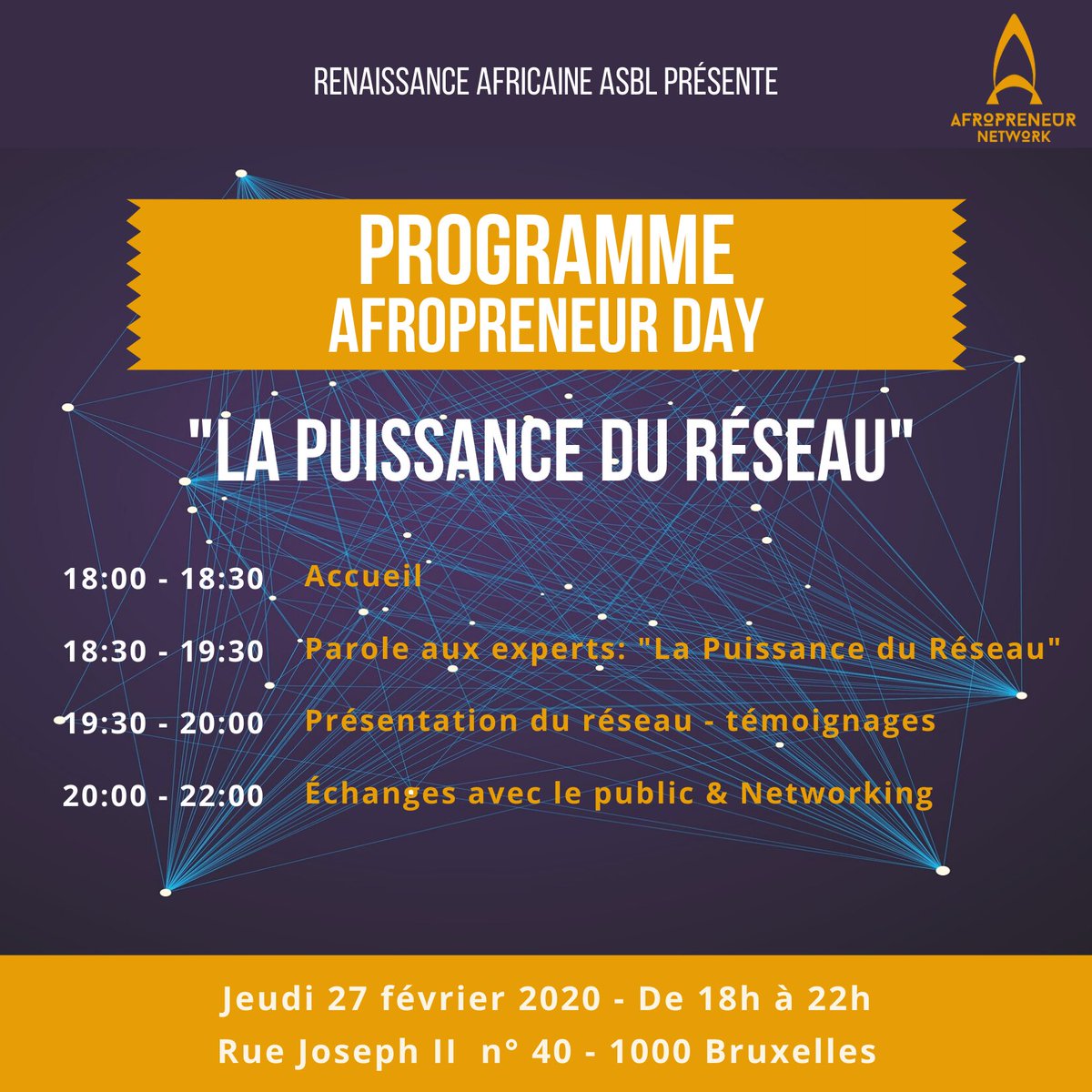 Bonjour les Afropreneur.e.s! Voici le programme de ce soir. Il y aura également des fingers foods et des boissons en vente sur place, n'oubliez pas donc de prendre des sous avec vous pour vos consommations. Au plaisir de vous retrouver à 18h
40 Rue Joseph II 1000 BXL #Afropreneur