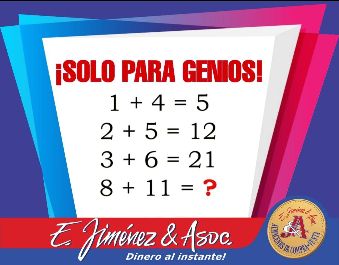 EjimenezYAsoc's tweet photo. 🔴Aprovechemos el día para ejercitar la mente, si tienes la respuesta no dudes en comentarla ¿qué esperas? 🔴
.
.
.
.
.
.
#Sóloparagenios #reto #números #cuidatumente #salud #soloparagenios #genios #compraventa #dineroalinstante #Ejimenez #familia #FamiliaEjimenez #felizjueves https://t.co/TRbYgji135