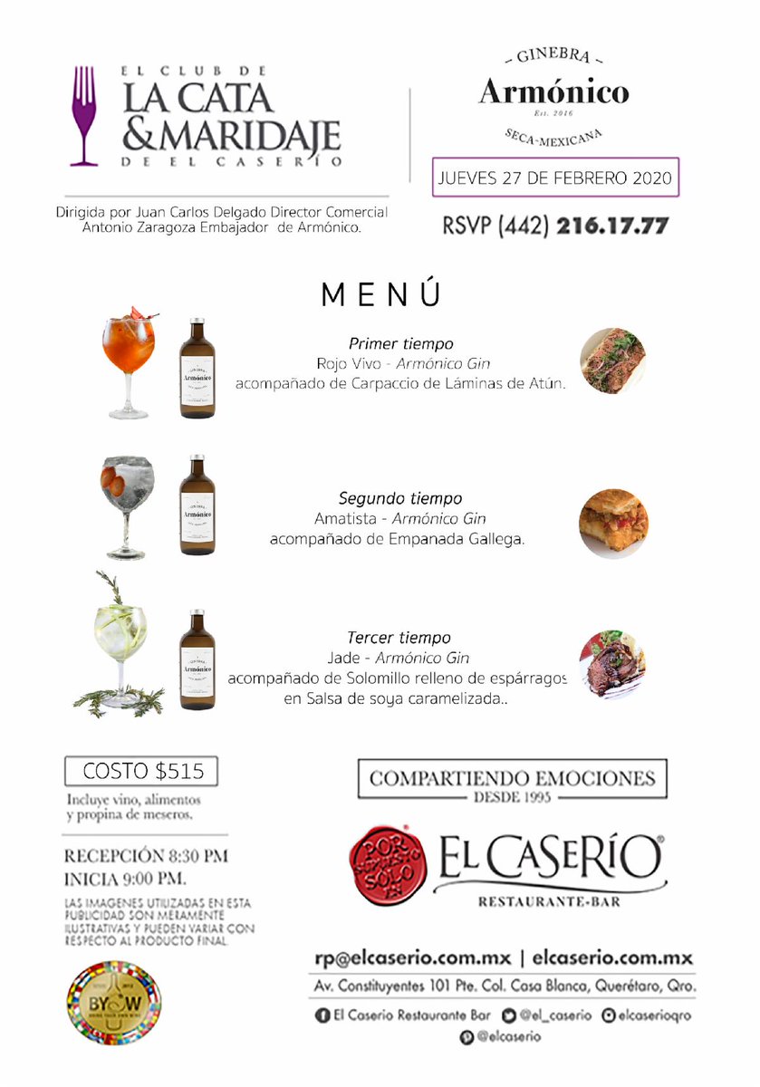 Tu casa El Caser�o tiene el honor de invitarte el pr�ximo jueves 27 de febrero a la "Cata Maridaje Arm�nico GIN" Ginebra 100% Queretana.#armonicogin #ginebra #productolocal #elcaserio #porsupuestosoloenelcaserio #queretaro conta.cc/2HzvMjI