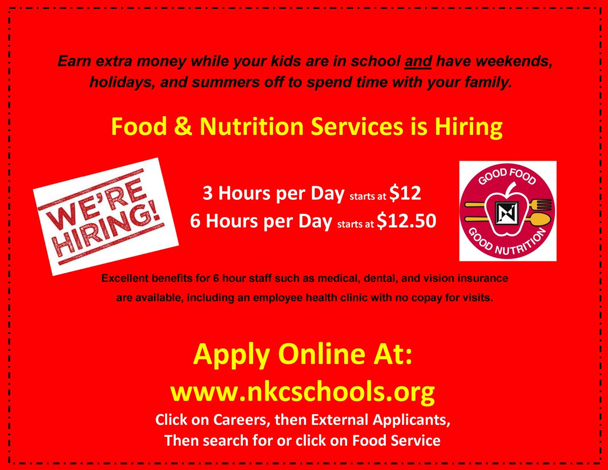 We're Hiring! Work for <a href="/NKCSchools/">NKC Schools</a> Food and Nutrition Services! #foodservice #childnutrition northkcmo.tedk12.com/hire/index.aspx