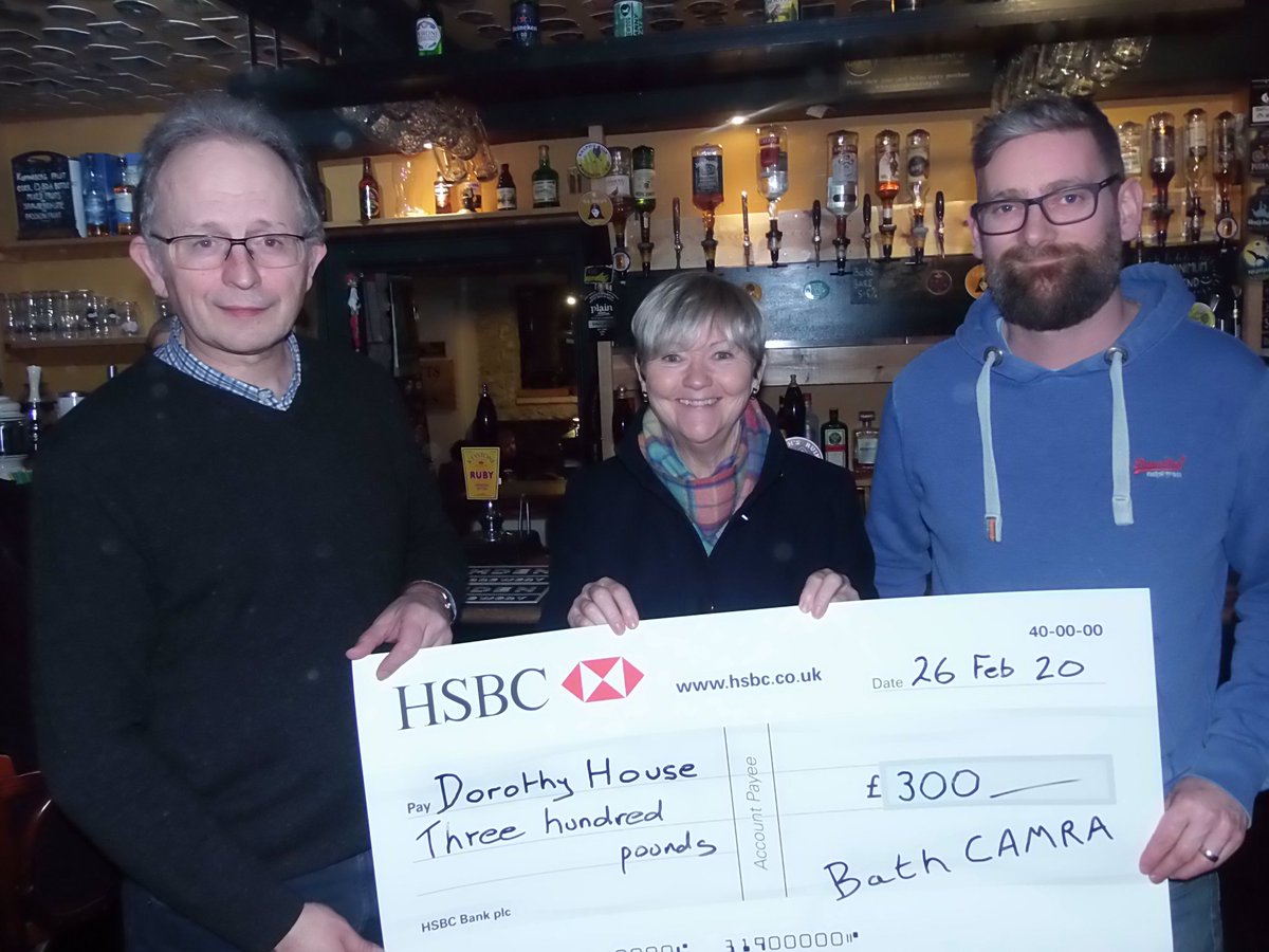 Bath and Borders CAMRA members  present Yvonne Brunton from Dorothy House with a cheque for £300. Money raised for the charity at the Bath Winter Ale Festival earlier this month. Presentation was held at The Royal Oak, Lower Bristol Road, Bath.