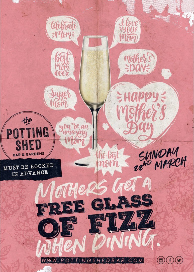 🌸Thank your mum for giving you life this Sunday 22nd March here at Potting Shed 🌸This year treat your mum to a day of luxury. Book in for a delicious meal and as a thank you to all mums we will give them a glass of prosecco for FREE 🍾🍾🍾...