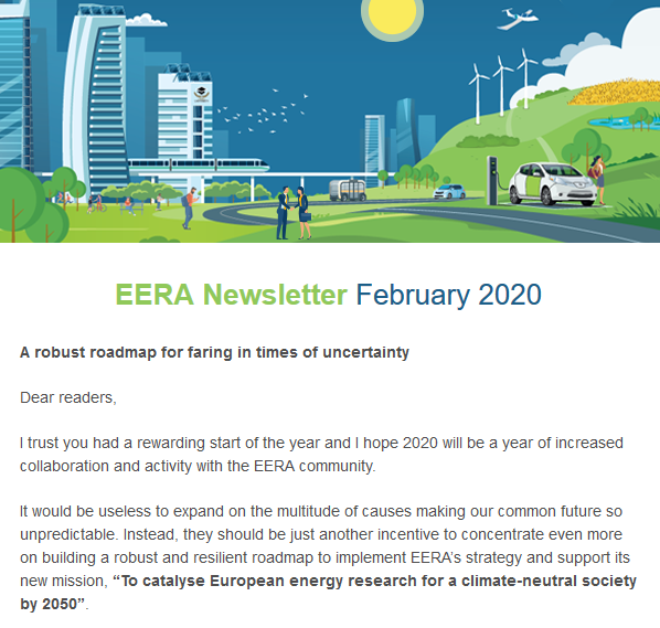 Our February newsletter is out! Have a look to see what's new in our #JointProgrammes &amp; EU projects, which #events are coming up, what there is to know about our #roadmap for 2020, #jobs at EERA, the #EUGreenDeal &amp; much more.

createsend.com/t/j-6CD635E0F9…

#SUPEERA #EERAdata #EU2050