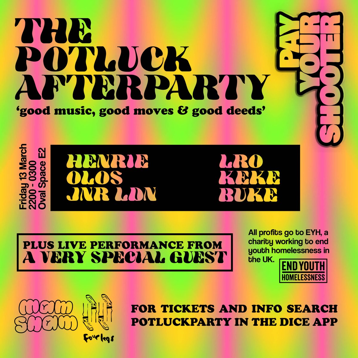 Tickets to Pay Your Shooter's POTLUCK may have sold out, but limited tickets to the afterparty still remain. Good music, good moves and good deeds. Tickets → bit.ly/3abbIR2